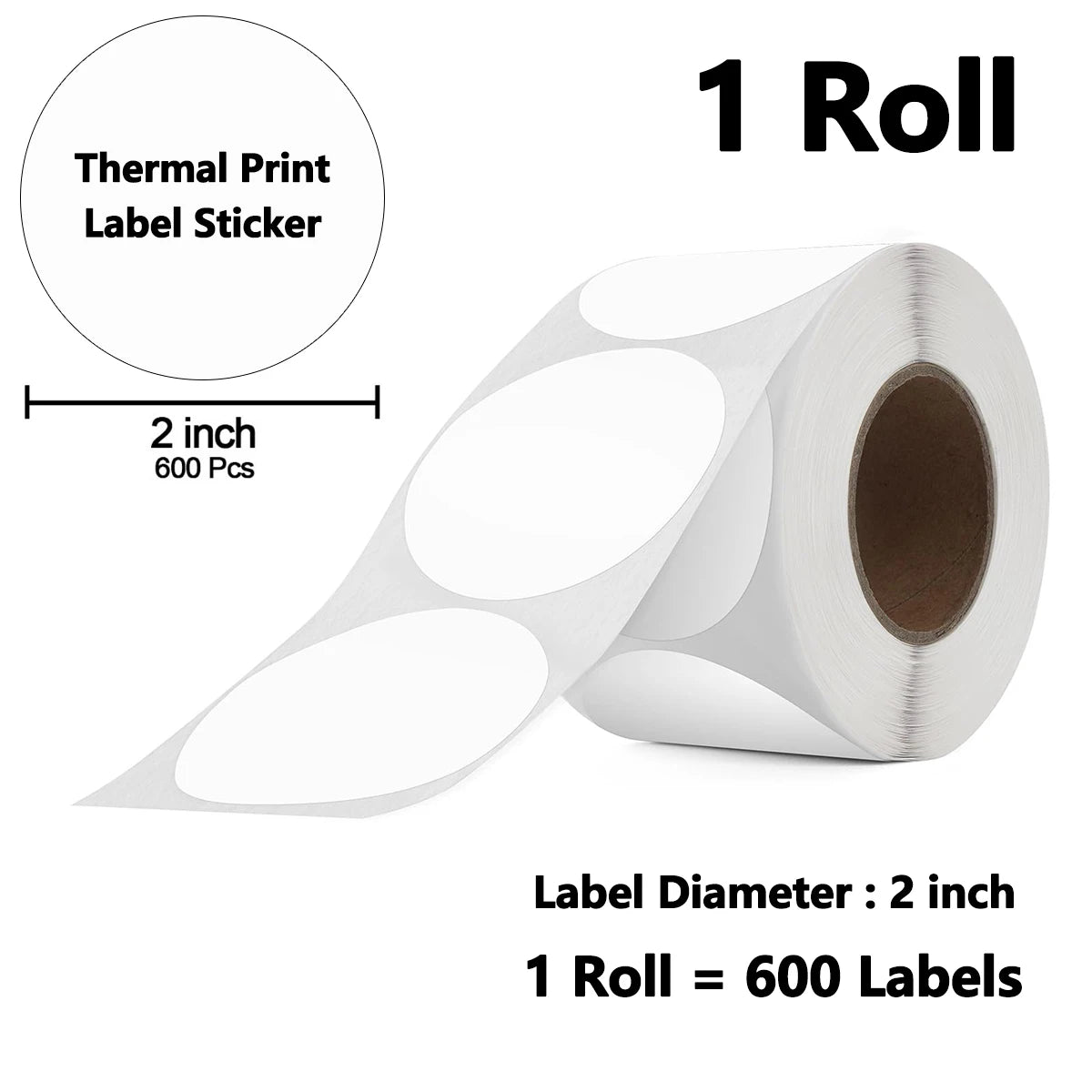 Rouleau d'étiquettes thermiques rondes blanches de 50 mm de diamètre, 600 étiquettes par rouleau