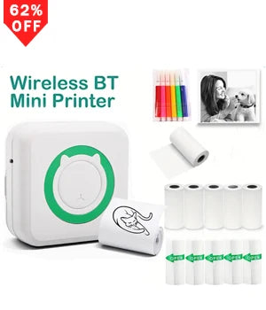 Mini imprimante blanche à anneau vert entourée de stylos de couleur et de rouleaux de papier thermique
