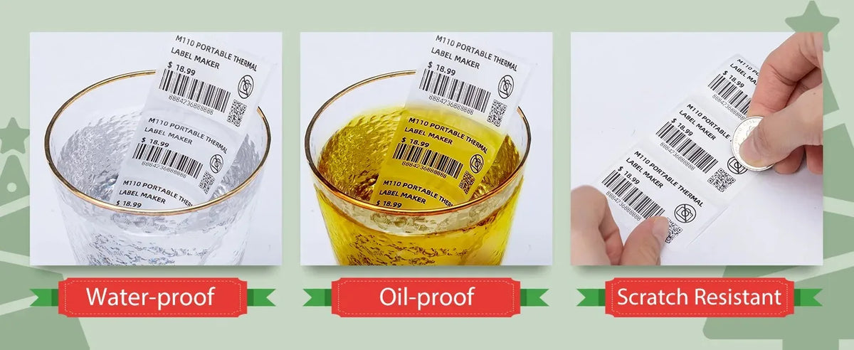 Étiquette imprimée testée dans un verre d'eau, dans de l'huile, puis grattée avec une pièce sans s'effacer