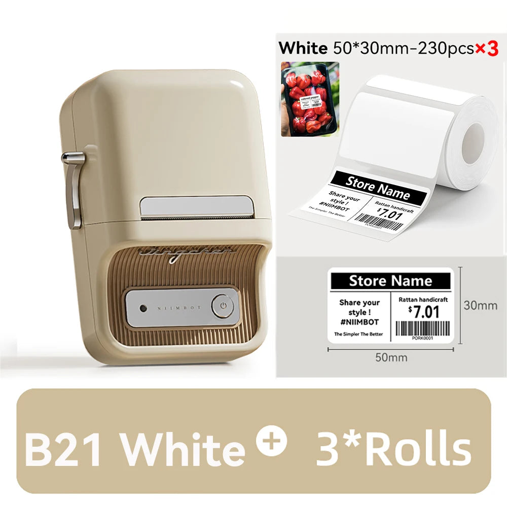 Imprimante beige crème avec trois rouleaux 50x30 mm et une étiquette de prix de magasin imprimée