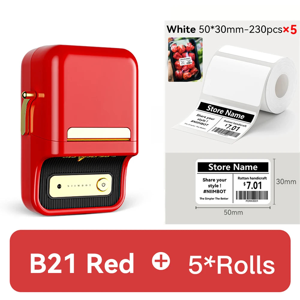 Imprimante rouge à levier doré, cinq rouleaux 50x30 mm et une étiquette de prix de magasin à 7,01