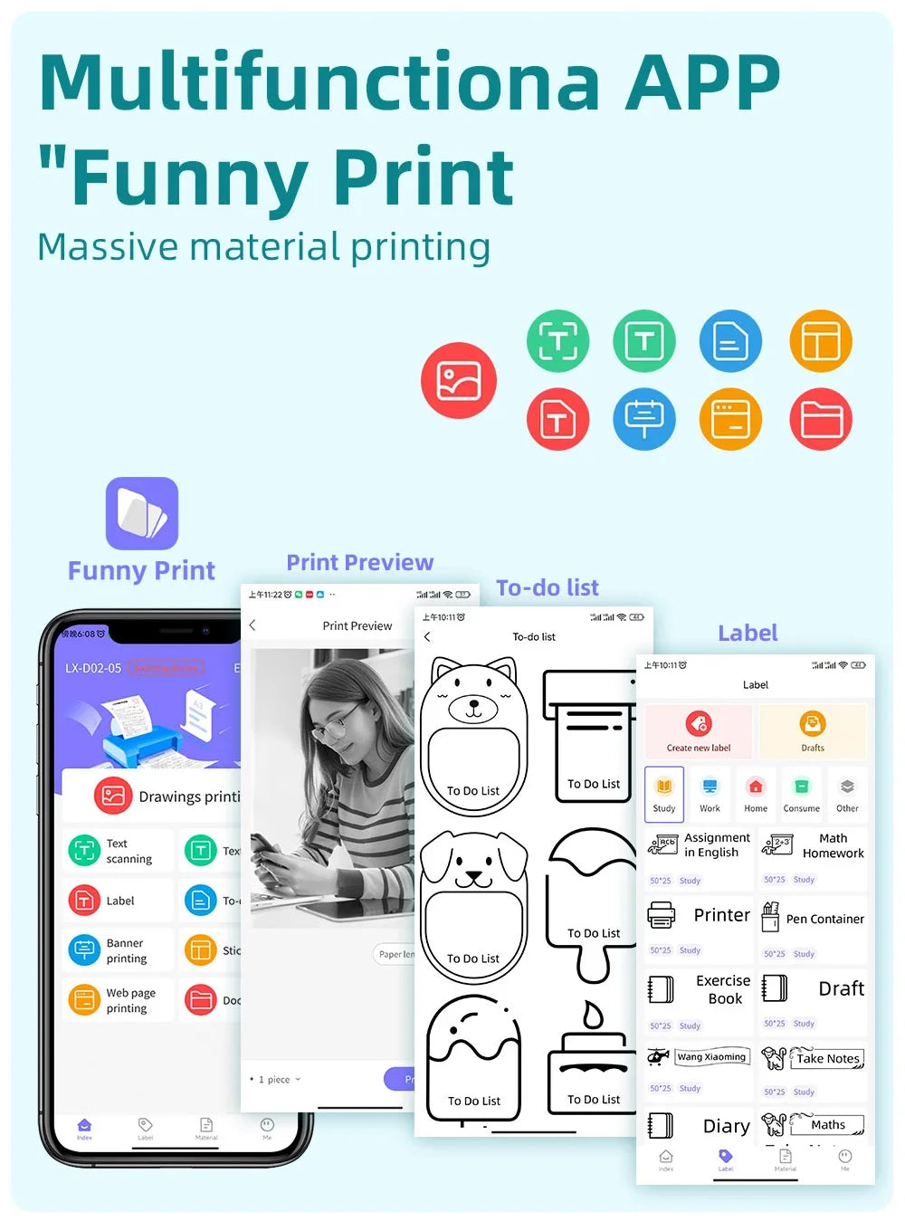 Écrans de l'application Funny Print : aperçu d'impression, modèles d'étiquettes et listes à cocher