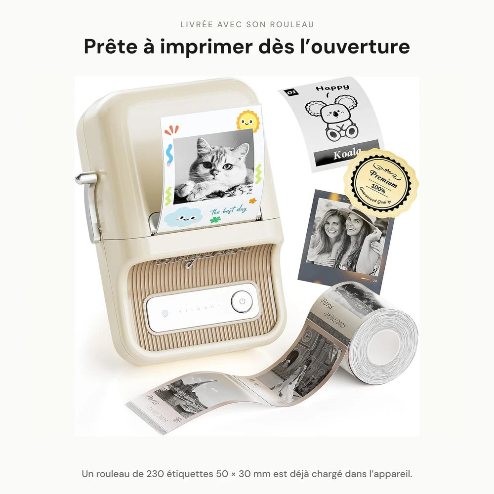 Imprimante B21 Pro blanche prête à imprimer dès l'ouverture, avec son rouleau de 230 étiquettes 50 x 30 mm et des étiquettes imprimées