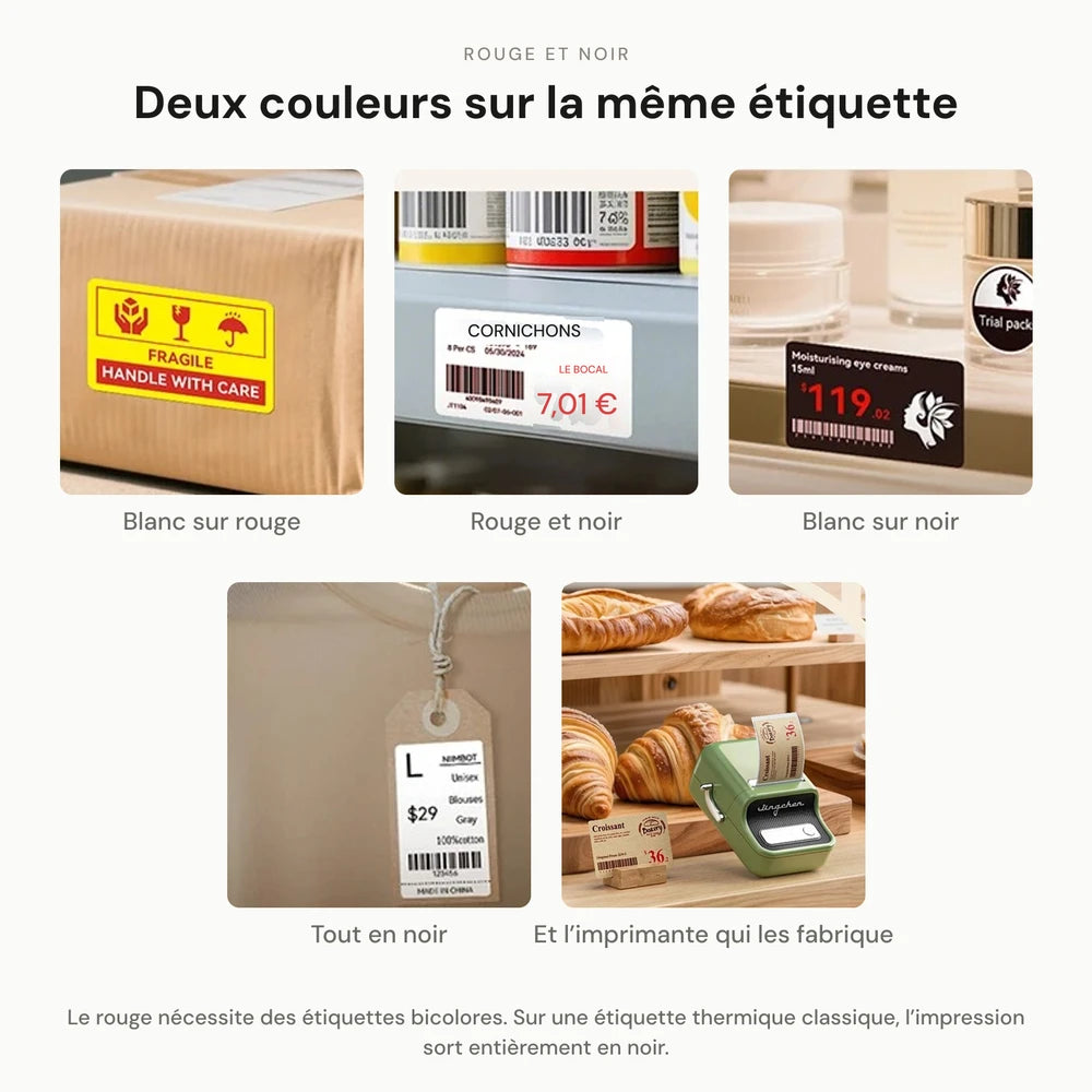 Deux couleurs sur la même étiquette : exemples de prix, dates et mentions imprimés en noir et en rouge sur étiquettes bicolores