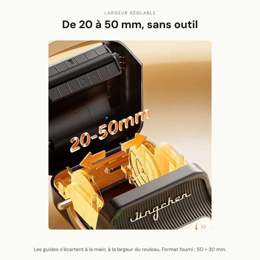 Largeur réglable de 20 à 50 mm sans outil : capot ouvert montrant les guides du rouleau