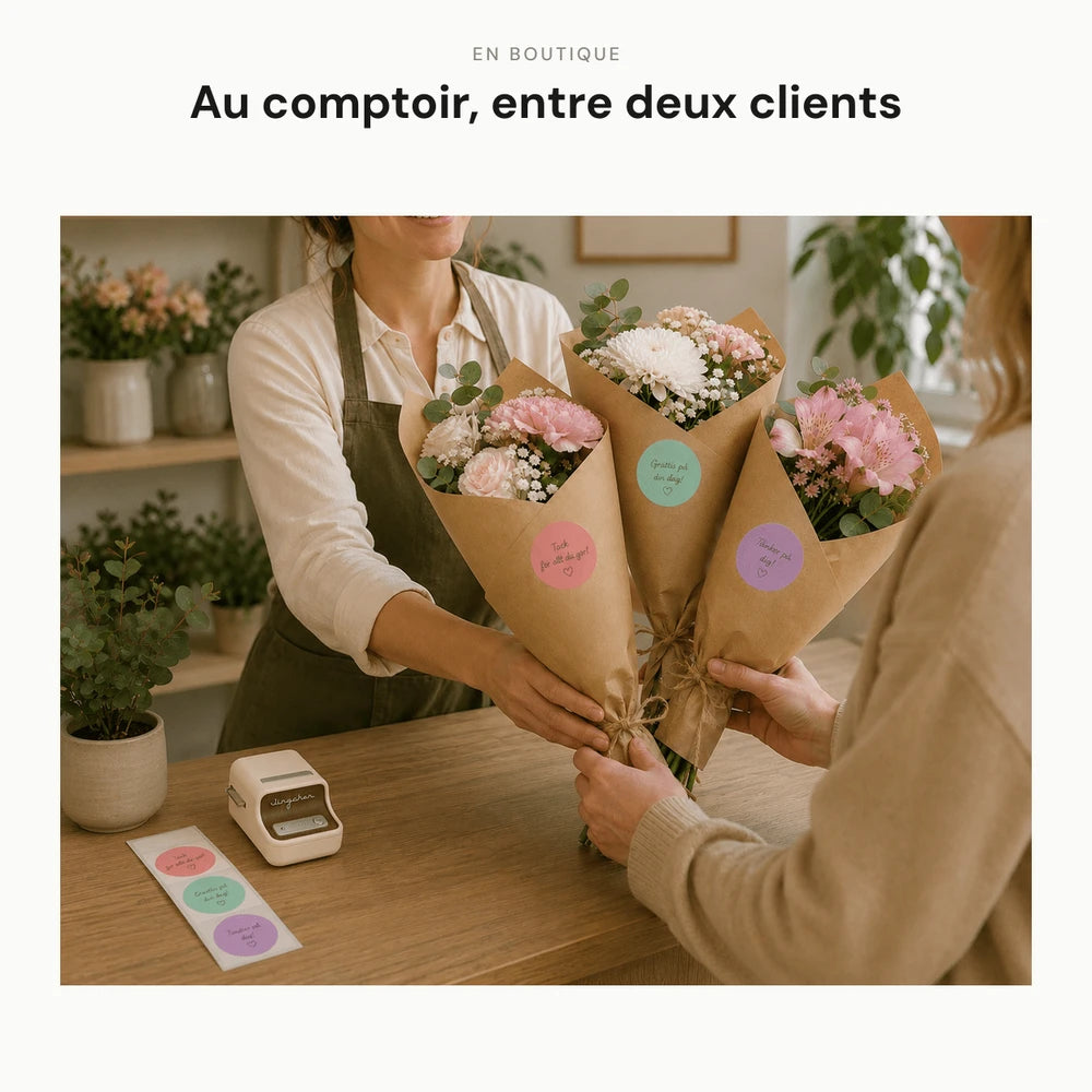 Imprimante B21 Pro au comptoir d'une boutique de fleurs, entre deux clients
