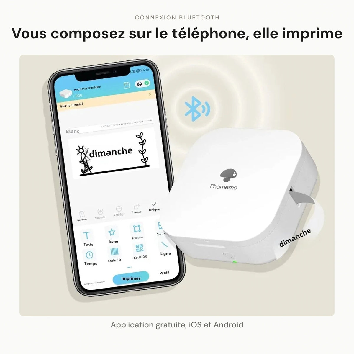 Application française sur téléphone connectée en Bluetooth à l'imprimante à étiquettes