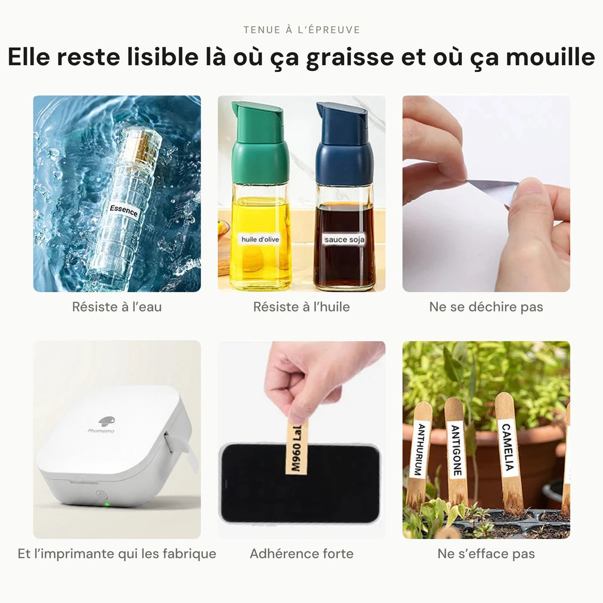 Étiquettes résistantes à l'eau, à l'huile et à la déchirure, posées sur des flacons d'huile d'olive et de sauce soja