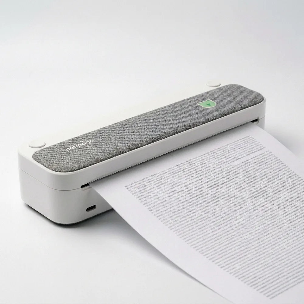 Imprimante thermique A4 portable en tissu gris imprimant une page