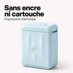 Imprimante thermique portable design : sans encre ni cartouche, impression thermique — packshot bleu pastel sur fond crème