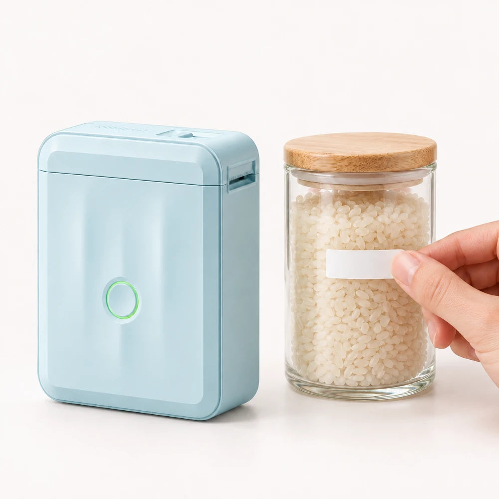Main qui pose une étiquette blanche sur un bocal de riz, imprimante thermique portable design NIIMBOT D110M bleu pastel posée à côté