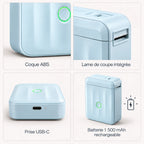Imprimante thermique portable design NIIMBOT D110M en quatre détails : coque ABS, lame de coupe intégrée, prise USB-C sous l'appareil, batterie 1 500 mAh rechargeable