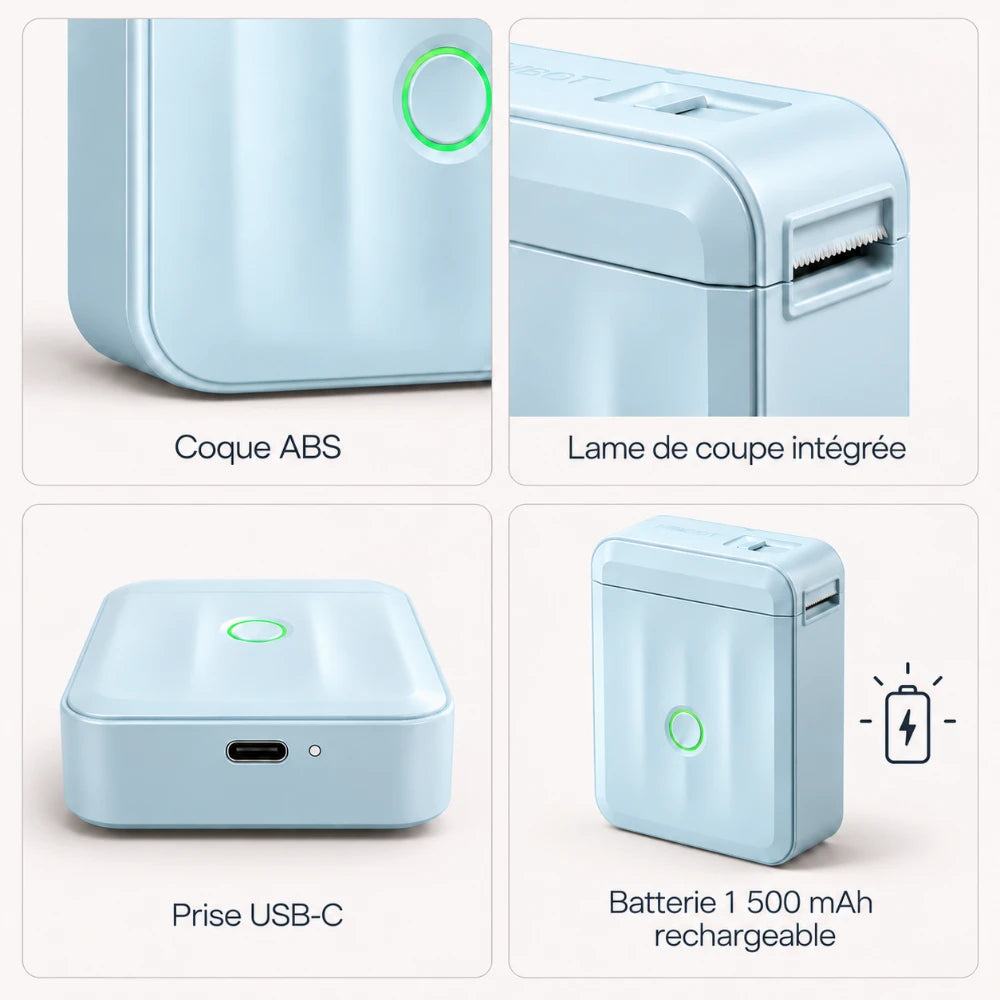 Imprimante thermique portable design NIIMBOT D110M en quatre détails : coque ABS, lame de coupe intégrée, prise USB-C sous l'appareil, batterie 1 500 mAh rechargeable