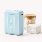 Bocal de riz et boîte à câbles étiquetés en noir, imprimante thermique portable design NIIMBOT D110M bleu pastel