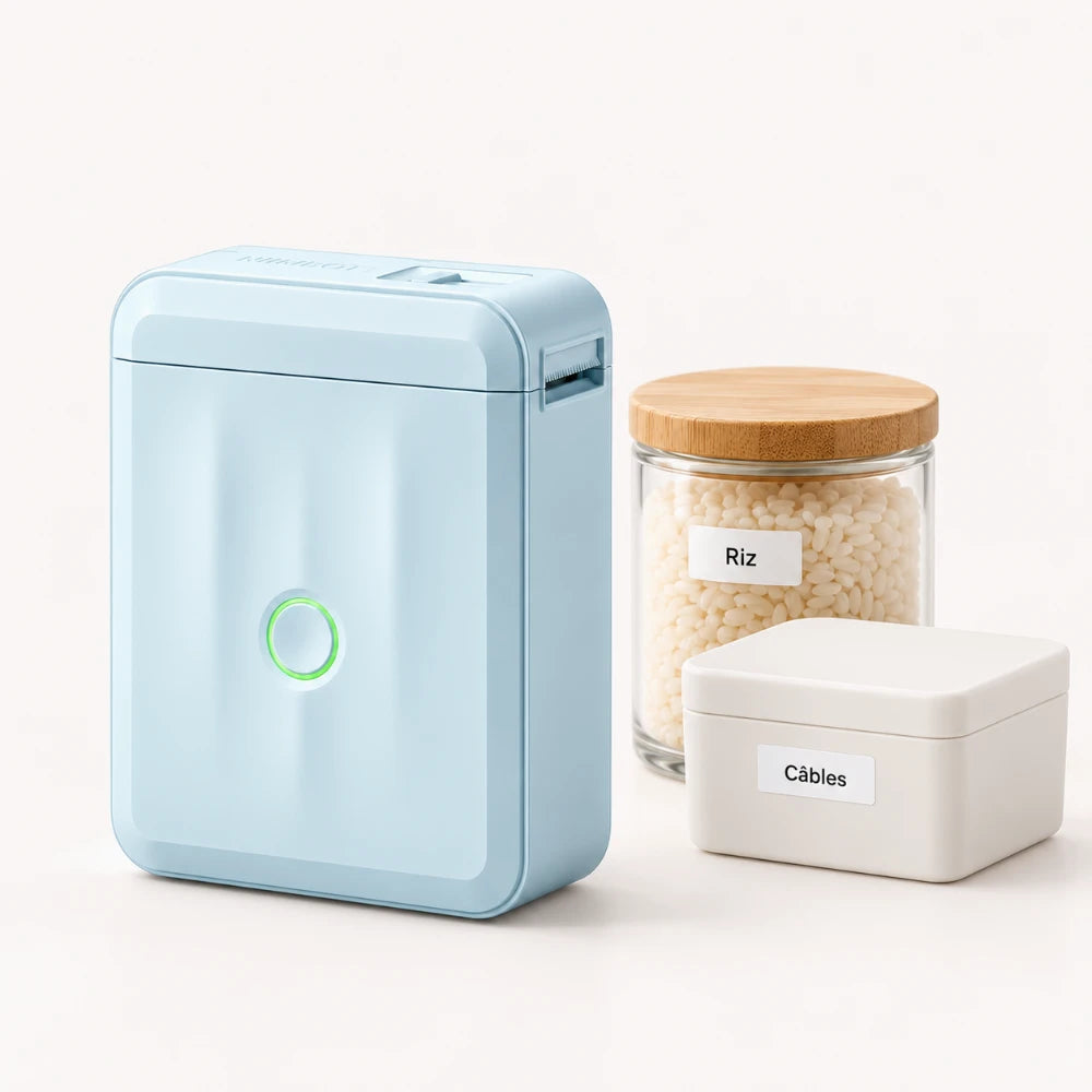 Bocal de riz et boîte à câbles étiquetés en noir, imprimante thermique portable design NIIMBOT D110M bleu pastel