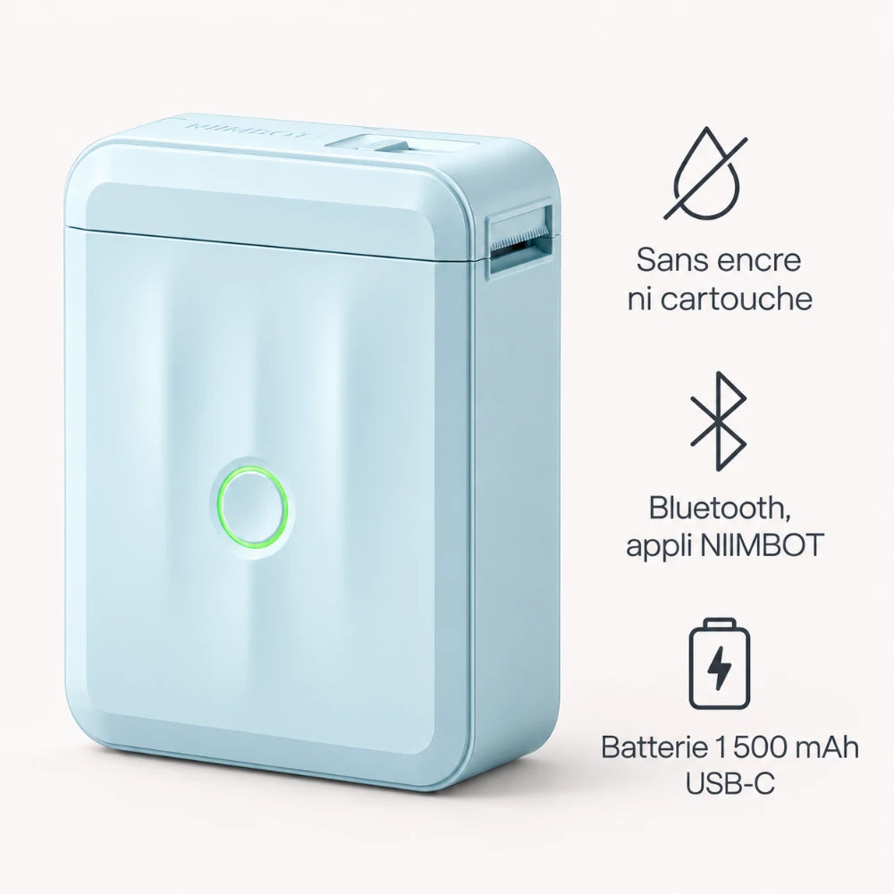 Imprimante thermique portable design NIIMBOT D110M et ses trois bénéfices : sans encre ni cartouche, Bluetooth et appli NIIMBOT, batterie 1 500 mAh USB-C