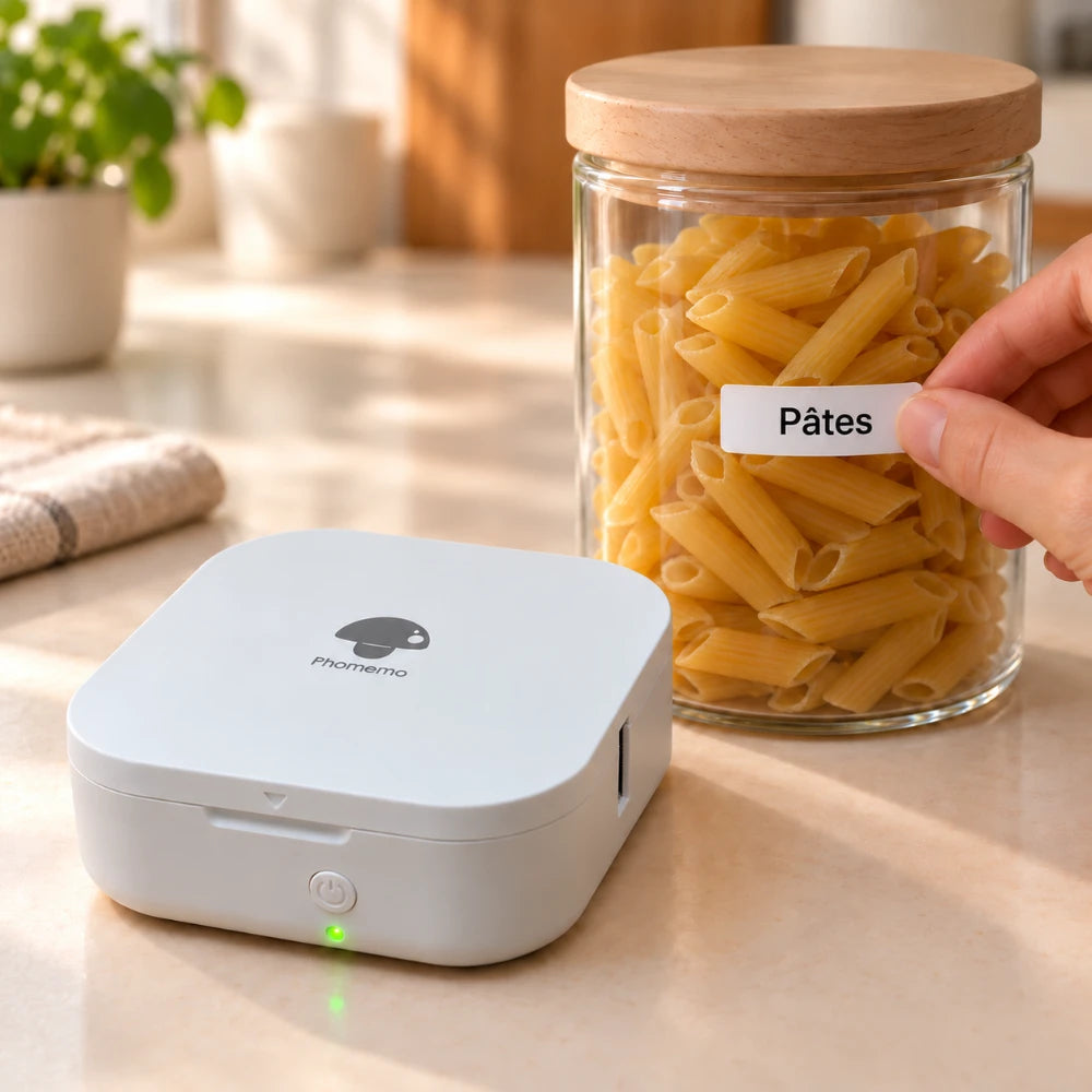 Imprimante thermique portable format poche : étiquette Pâtes imprimée en noir posée sur un bocal