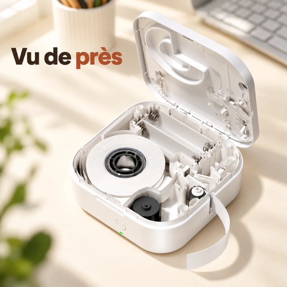 Imprimante thermique portable format poche ouverte : couvercle relevé, rouleau d'étiquettes et compartiment deux piles AAA