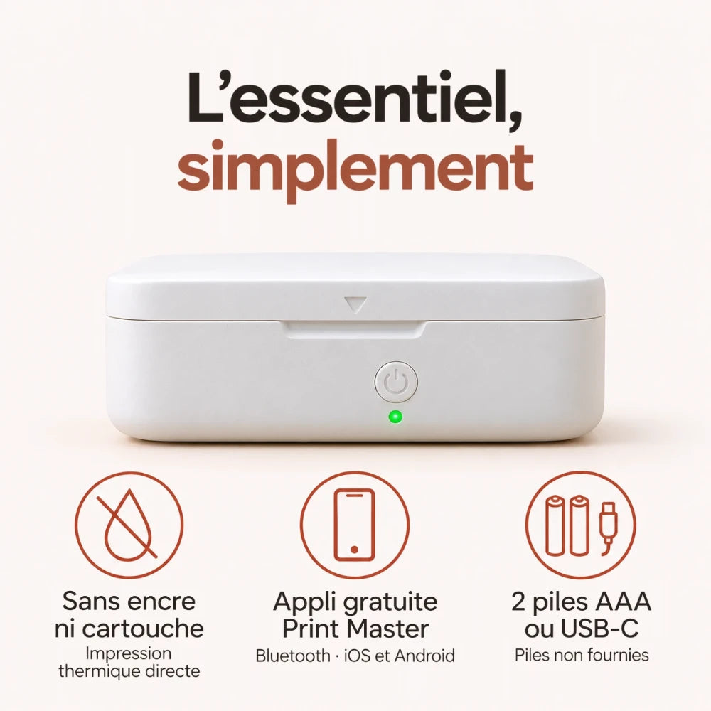 Imprimante thermique portable format poche : sans encre ni cartouche, appli Print Master, 2 piles AAA ou USB-C