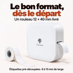 Imprimante thermique portable format poche debout avec son rouleau d'étiquettes pré-découpées 12 × 40 mm