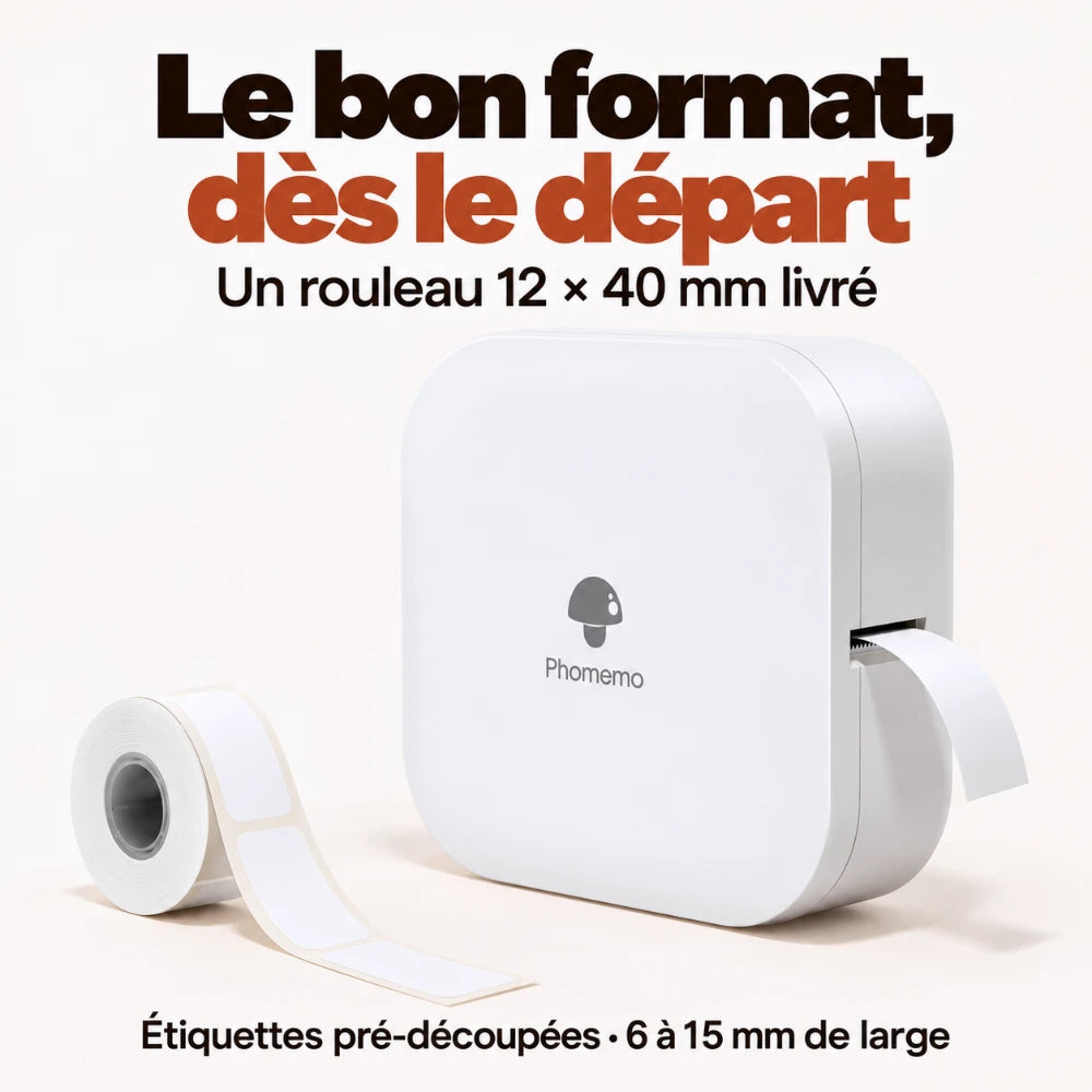 Imprimante thermique portable format poche debout avec son rouleau d'étiquettes pré-découpées 12 × 40 mm