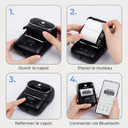 Guide d'installation en 4 étapes de l'imprimante thermique portable : ouvrir le capot, placer le rouleau, refermer, connecter en Bluetooth