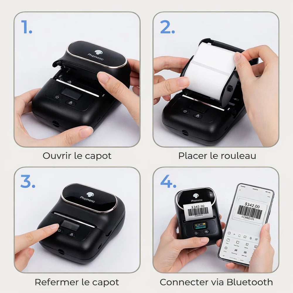 Guide d'installation en 4 étapes de l'imprimante thermique portable : ouvrir le capot, placer le rouleau, refermer, connecter en Bluetooth