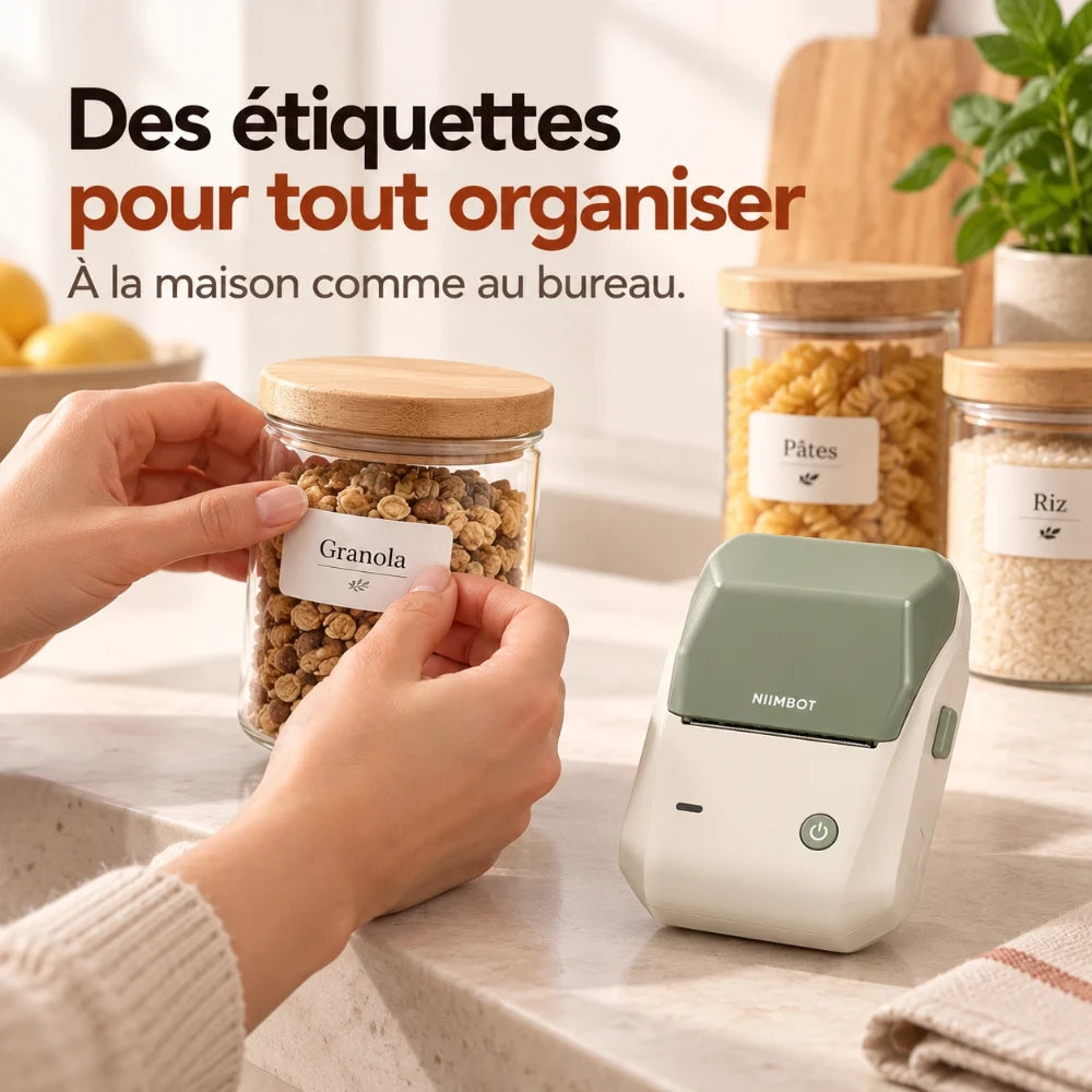 Main qui colle une étiquette imprimée sur un bocal de cuisine, imprimante thermique portable posée à côté