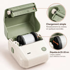 Capot ouvert : rouleau d'étiquettes de 20 à 50 mm, chargement simple de l'imprimante thermique portable