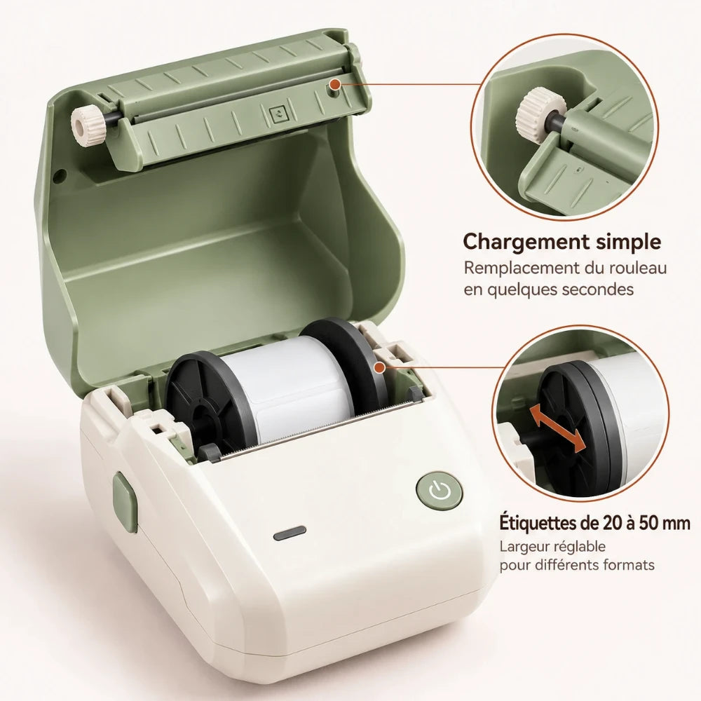 Capot ouvert : rouleau d'étiquettes de 20 à 50 mm, chargement simple de l'imprimante thermique portable