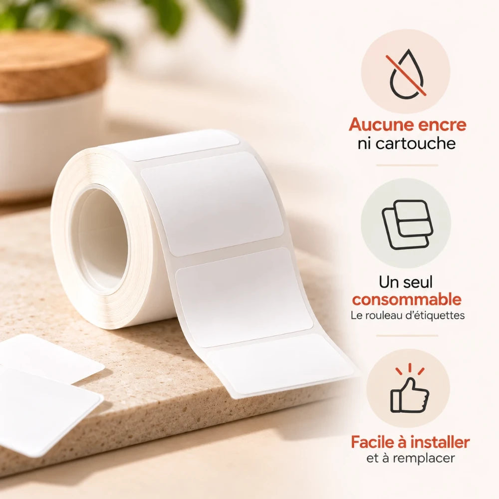 Rouleau d'étiquettes blanches : aucune encre ni cartouche, un seul consommable
