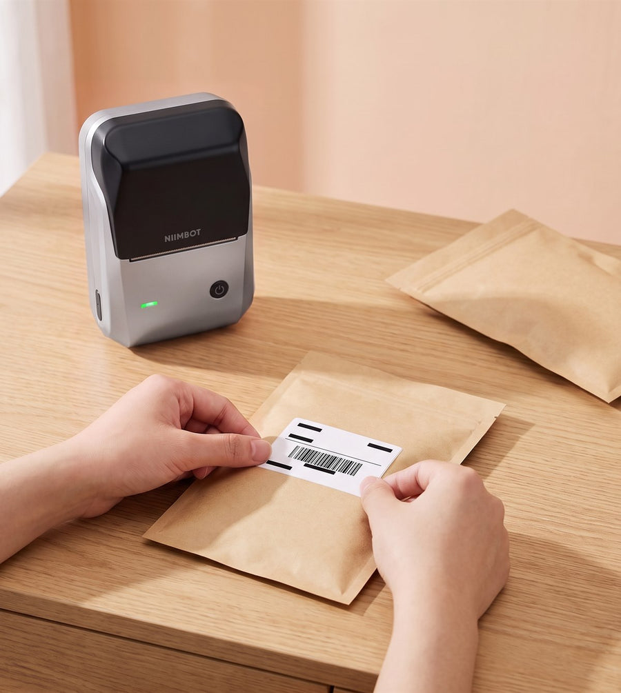 Imprimante thermique Niimbot B1 argent sur un bureau, deux mains collent une étiquette sur une pochette kraft