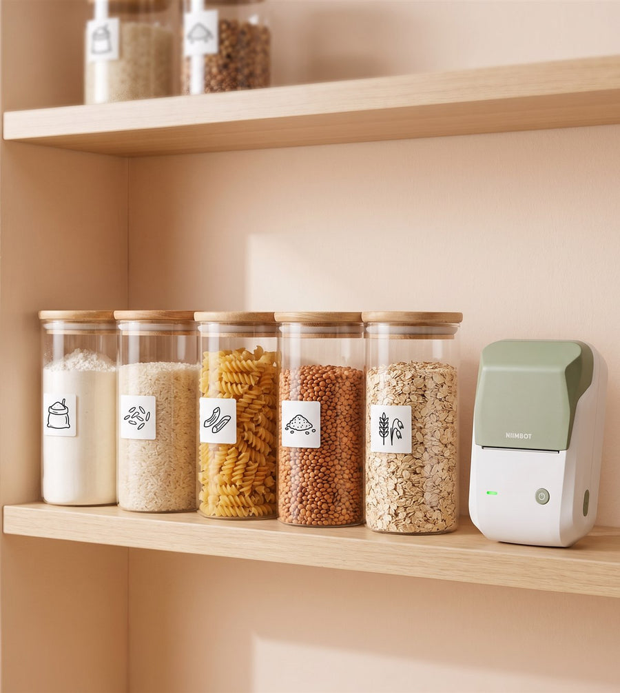 Étagère de cuisine avec cinq bocaux étiquetés d'un pictogramme, imprimante thermique Niimbot B1 verte à côté