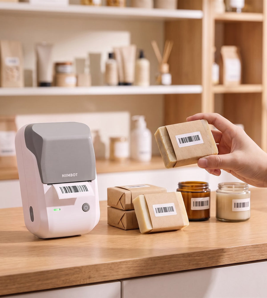 Imprimante thermique Niimbot B1 grise sur un comptoir de boutique, savons et bocaux étiquetés, une main tient un savon