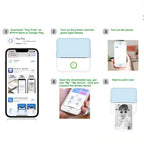 Cinq vignettes numérotées montrant la recherche de l'application, l'appairage et la première photo imprimée